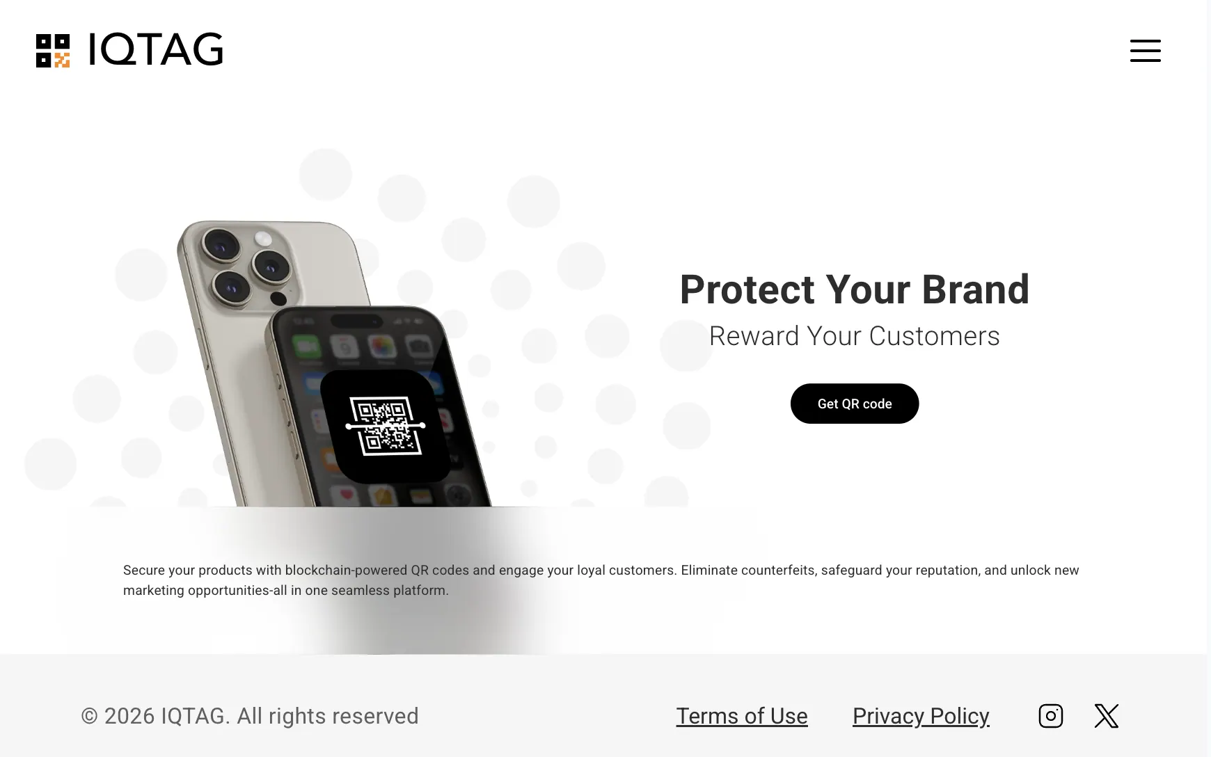 Page d’accueil d’IQTAG : « Protect Your Brand », le bouton « Get QR code » et deux téléphones dont l’écran affiche l’icône d’un QR code.
