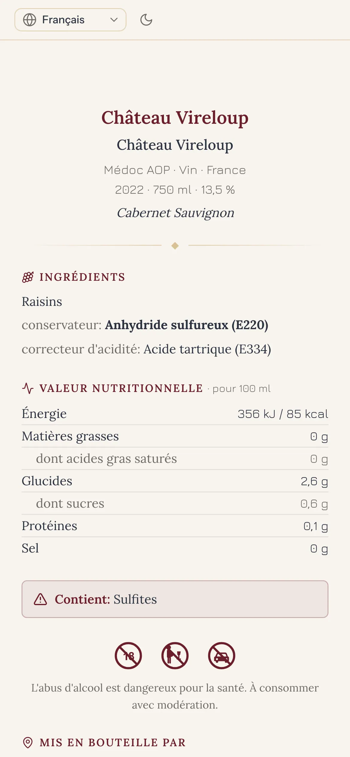 L’e-étiquette telle qu’elle s’ouvre après un scan : sélecteur de langue, ingrédients, valeurs nutritionnelles, mention des sulfites.