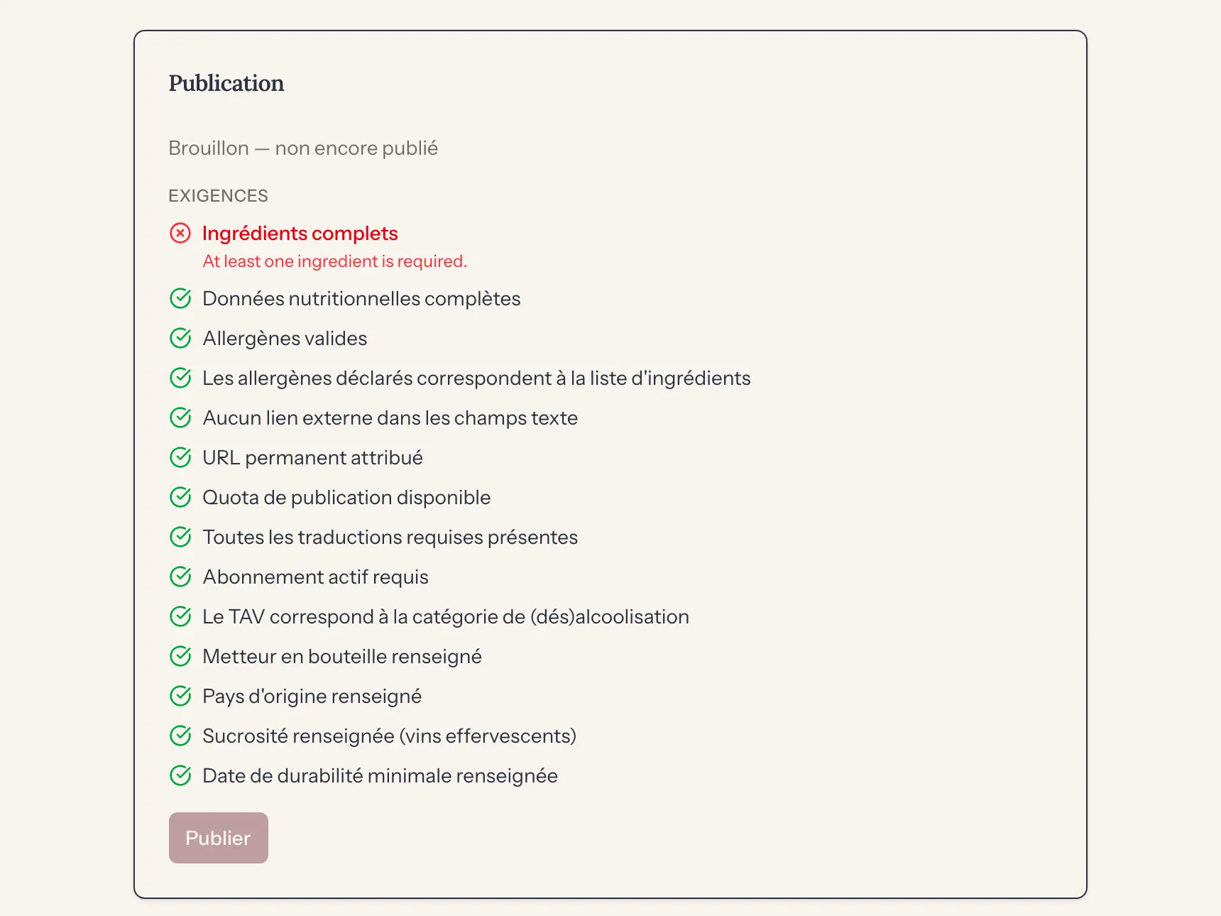Panneau de publication : quatorze conditions de conformité, treize vertes, une rouge — les ingrédients manquent — et le bouton Publier désactivé.